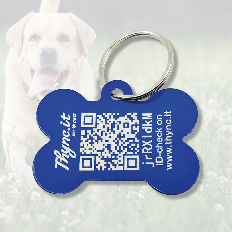 Dog tag bone shape aluminum Blue – QR code pet ID with online profile